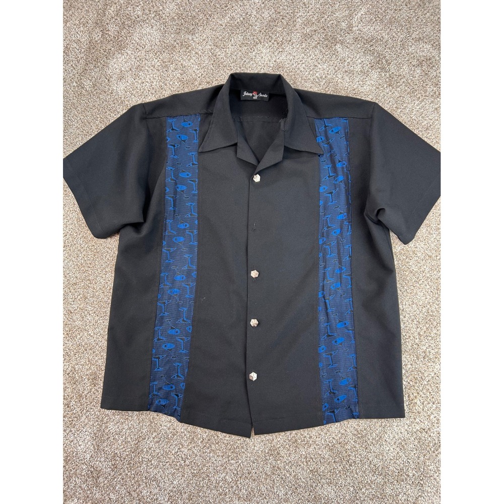 Johnny Suede Mens Bowling Shirt Black Blue Martini Glass Dice Buttons Size M